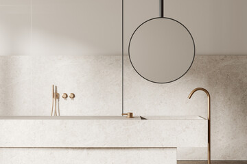 Luxury hotel bathroom interior with golden sink and shower, close up