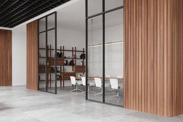 Wall Mural - Stylish glass meeting room interior with board and chairs, shelf with documents
