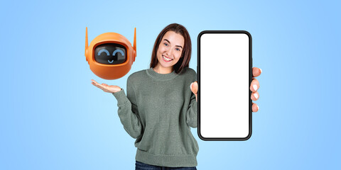 Poster - Woman with mock up phone display, smiling Ai bot ready to help