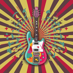 2d vector illustration art  Retro music guitar with trees with colorful  background, Summer t shirt 
