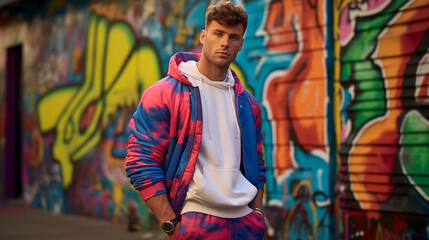 A millennial male model dressed in 1980s fashion with a neon tracksuit and high-top sneakers, standing in front of a colorful graffiti wall