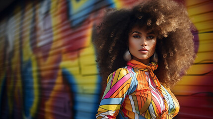 Wall Mural - An 1980s female model in a neon jumpsuit and big hair, posing energetically against a graffiti wall