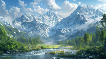 Wall Mural - A beautiful mountain landscape with a river running through it