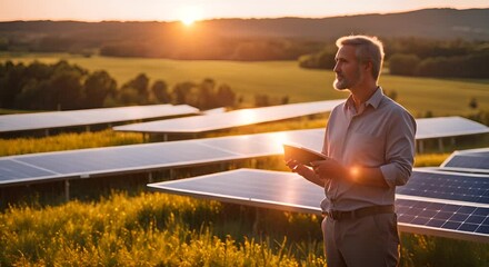 Poster - Man checking solar panels.