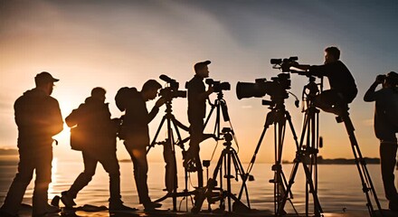 Wall Mural - Group of photographers taking photos of a landscape. Photography masterclass.