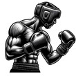 © Warintip - Black and white vector illustration of a male boxer in headgear practicing boxing on a white background.