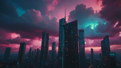 Wall Mural - Modern cyberpunk style abstract featuring clouds and sky in a retrowave city pop aesthetic.