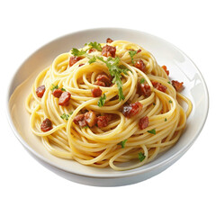 Plate of spaghetti carbonara garnished with parsley. isolated on Transparent background.