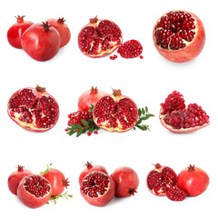 Wall Mural - Whole and cut ripe pomegranates isolated on white, set