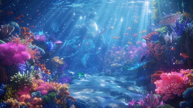 An underwater realm where the sea water sparkles with magical essence, and mythical sea creatures swim among vibrant coral reefs glowing under the ocean's surface.