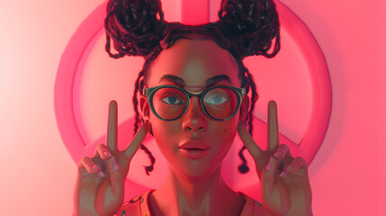 Wall Mural - 3D avatar of a woman with a pink background featuring a peace sign and glasses 