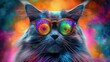 © Sergey - A Persian cat sporting stylish glasses with rainbow-colored lenses against a vibrant backdrop.