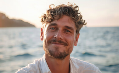 Wall Mural - A handsome man with stubble wearing a white shirt, smiling and posing in front of the sea