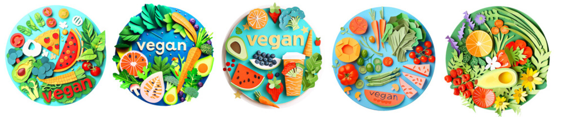 Papercraft set. Vegan food, healthly food, vegetarian concept.