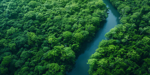 Aerial drone photo of a lush green forest and river, showcasing the beauty of nature from above.