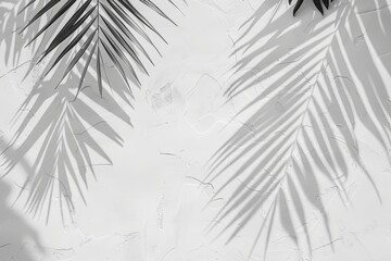 Poster - Palm leaves cast shadows on a white, textured concrete wall. Generative AI