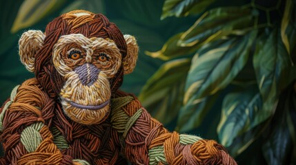 Wall Mural - A vibrant, thread-based stuffed monkey in shades of brown and beige, set against a deep jungle green background, enhancing its playful jungle animal theme.