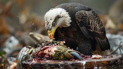Wall Mural - Bald eagle dining on an animal carcass on the sores of the park