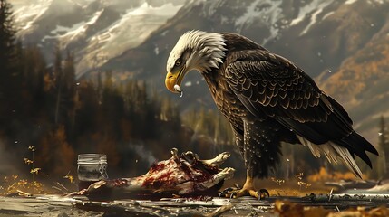 Wall Mural - Bald eagle dining on an animal carcass on the sores of the park