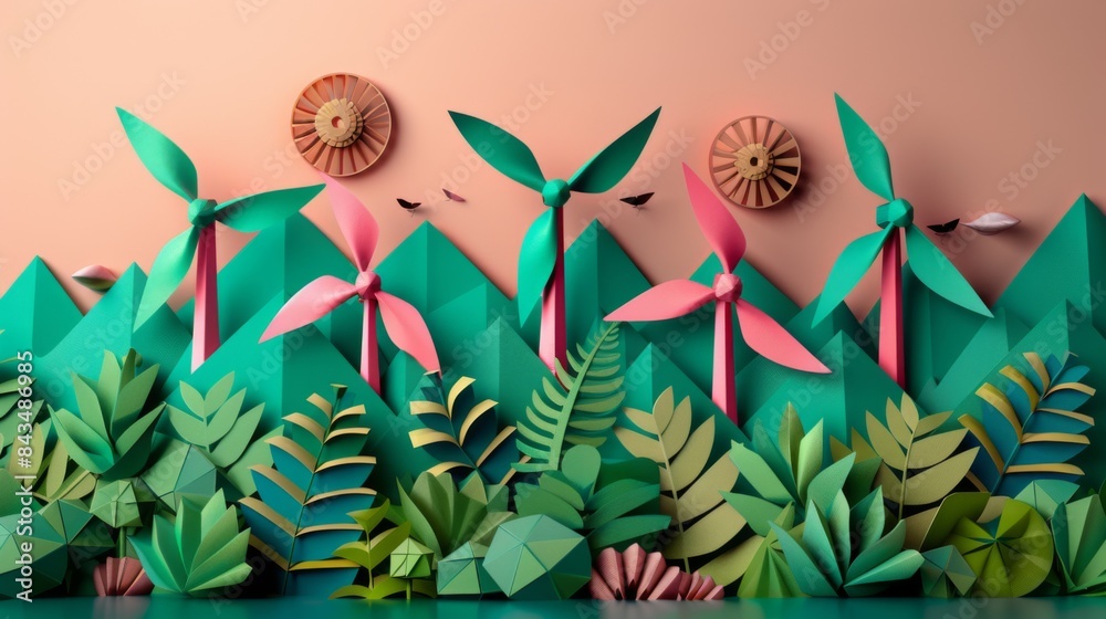 Wind Paper Design Paper art depiction of a renewable energy theme with wind turbines and ...