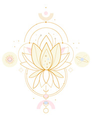 Wall Mural - Golden lotus flower with mystical symbols on a white background. Magic poster in celestial style.