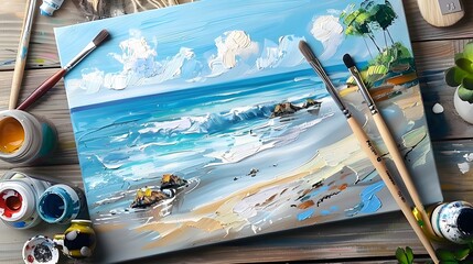 art painting of a serene beach scene is placed on a canvas