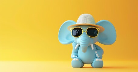 Wall Mural - Cute Elephant Character Wearing Sunglasses and a Cap on a Bright Yellow Background Generative ai