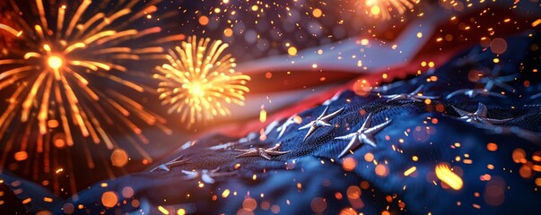 Poster - fireworks exploding in the sky behind an american flag during a freedom celebration