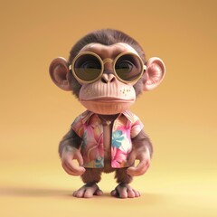 Wall Mural - Cartoon Cute Monkey Wearing Sunglasses and a Hawaiian Shirt on a Pink Background Generative ai