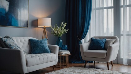 Wall Mural - Picture a modern living room with a white armchair, blue throw blanket, and cushions by sheer curtains.