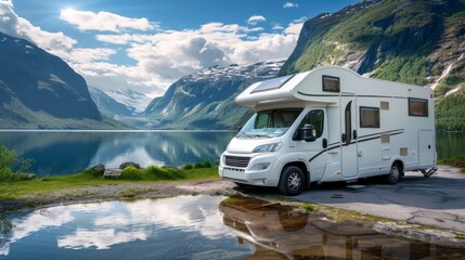 A camper van parked by a tranquil lake with mountains in the background and reflection in the water.