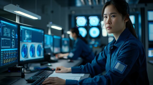 A young female engineer concentrated on her work in a high-tech AI lab, surrounded by advanced computer screens.