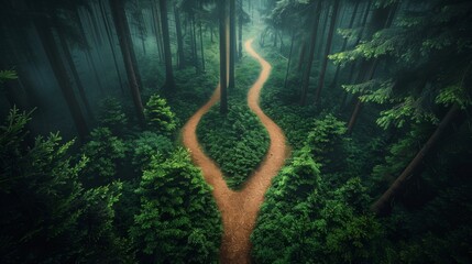 a winding path splits into two directions in a misty, dense forest, symbolizing a choice or decision