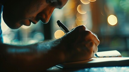 Poster - Man writing in a notebook with pen with blurry background