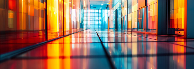 Panoramic view down modern office corridor with colorful glass panels reflecting light on polished floor