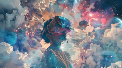 Poster - A woman wearing a VR headset is looking up at the sky. The sky is filled with clouds and there are two spaceships in the background. The image has a futuristic and adventurous mood