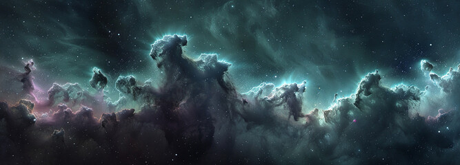 Wall Mural - background panorama of colorful nebulae in space, with dark background and scattered stars