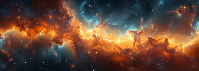 Wall Mural - digital illustration of vast and vibrant nebula, with swirling orange blue clouds of gas and dust il