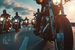 © Azhorov - A group of motorcycle riders cruise down a deserted highway at sunset. Generative AI