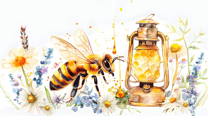 Sticker - watercolor bee with vintage lantern dripping golden honeycomb jar and wildflowers with delicate vines white background