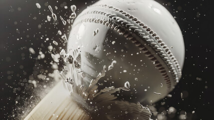 Wall Mural - Extreme closeup of white colour cricket ball being smashed by a cricket bat with white dust and particles | Cricketing shot | Cricket bowler | Cricket batsman