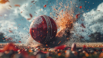 Wall Mural - Red cricket ball in closeup hitting bat with fiery particles . Dynamic red colour cricket ball with fiery particles and dust hitting the pitch . burning cricket ball in fire | Sports