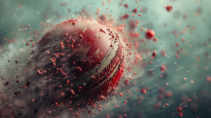 Wall Mural - Extreme closeup of red cricket ball in movement with dynamic particles due to the motion | sports | Cricket ball | Bowling | Batting