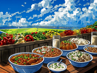 Wall Mural - A table with many different types of food, including a bowl of rice and a bowl of beans