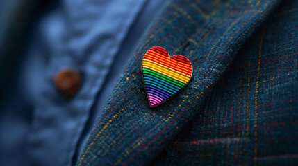 Rainbow Stripe Heart Pin Badge, Smart Casual Jacket, Close Up, Minimal. LGBTQ+ Pride Month at Work. Equality, Diversity, Human Rights. Awareness, Social Responsibility, Entrepreneur, Manager, Employee