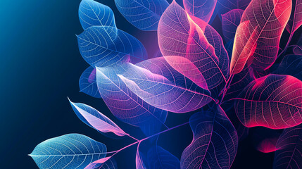 delicate translucent leaves over black background. blue uv light xray, dreamy neon glow. museum aest