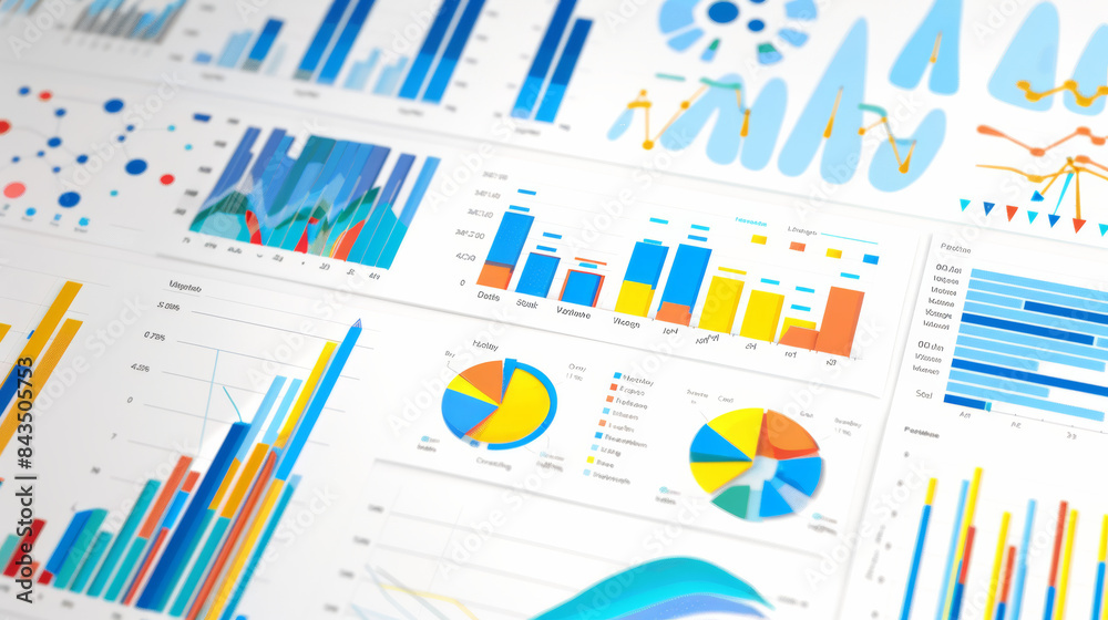 A vibrant collection of colorful charts and graphs on a white ...