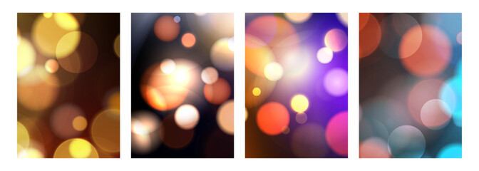 Poster - Bokeh lights. Set of abstract defocused backgrounds. Vibrant blurred light effect. Graphic templates for festive greeting cards, flyers and invitations. Vector illustration.