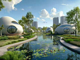 Wall Mural - A series of small, round houses are built on a river bank. The houses are white and have large windows. The river is calm and surrounded by trees