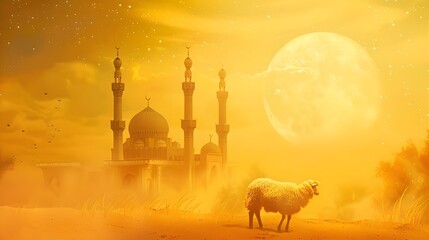 Wall Mural - Mosque, sheep, and Eid Al-Adha background with copy space.